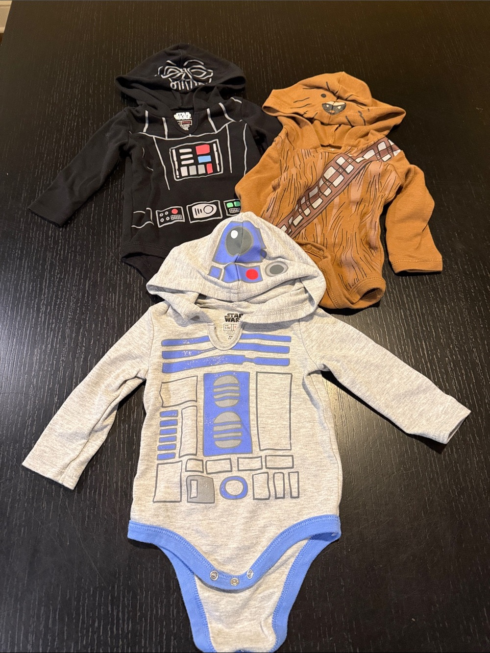 Star Wars Hooded Baby Onesies – Black, Brown & Gray with Blue Accents